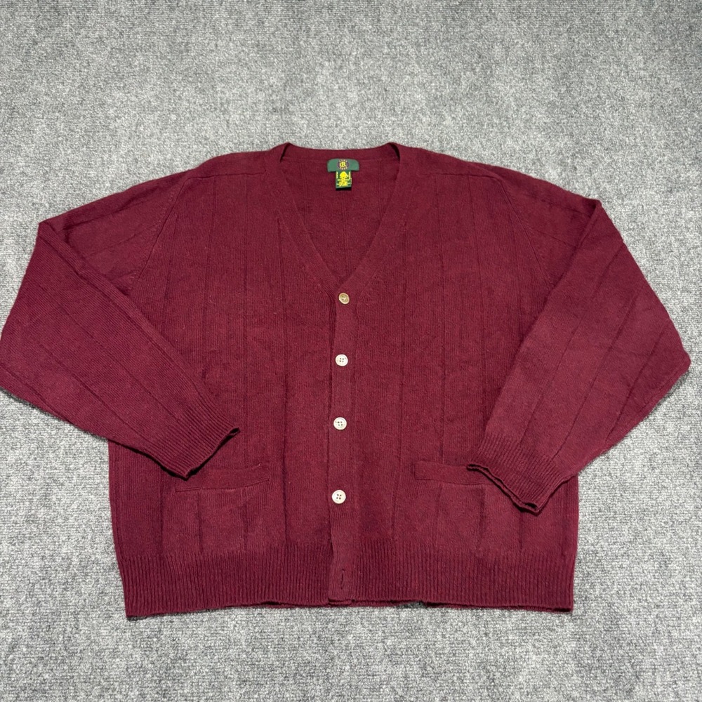 Club Room Mens XL Burgundy 100% Lambswool V-Neck Button Cardigan Sweater Pockets